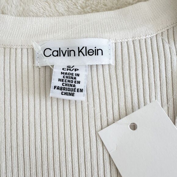 NWT Calvin Klein Cardigan Sweater Womens Sz S Ivory Gold Accents Ribbed-Knit - Picture 7 of 11
